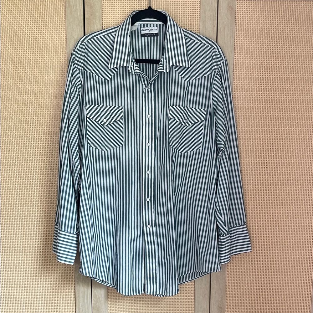 Vintage green and white stripe shirt with pearl snap buttons